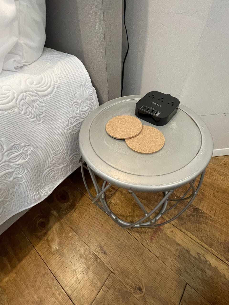 Cork coasters to protect surfaces and multi function charger- 3 outlets, USB & C