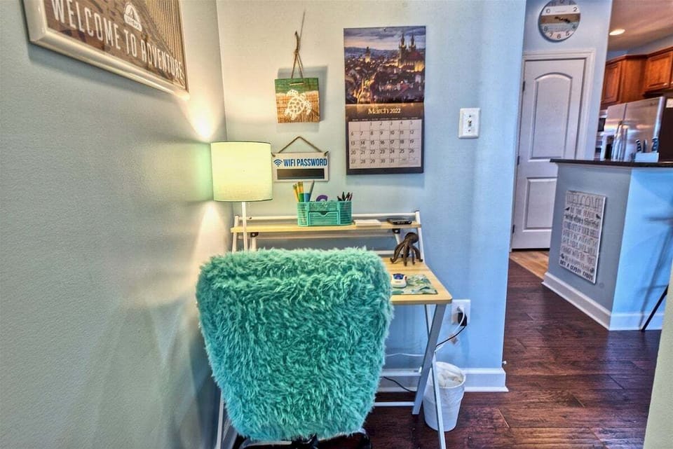 Desk near kitchen area