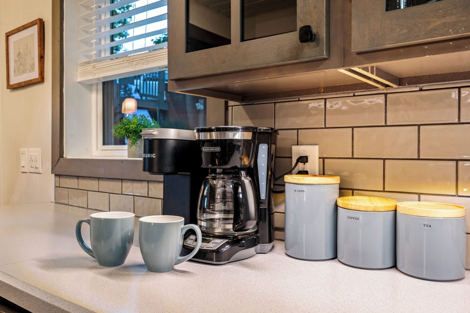 K-cups, coffee grounds, and tea are provided to start your morning off right!