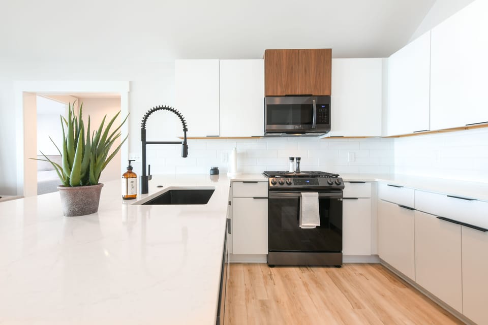 Modern flat panel cabinets and high-end appliances. 