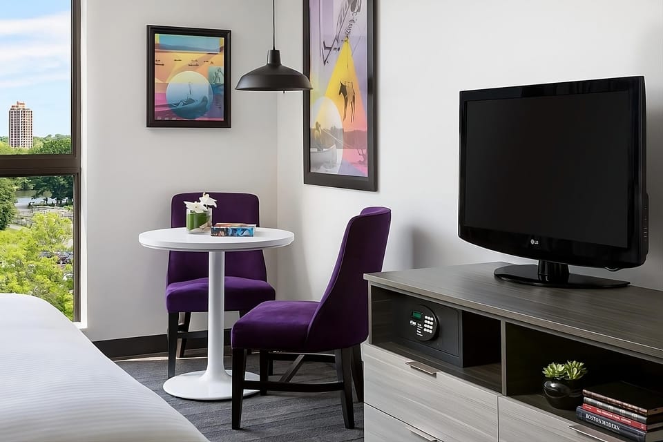 Sip coffee by the window while streaming shows on the TV.