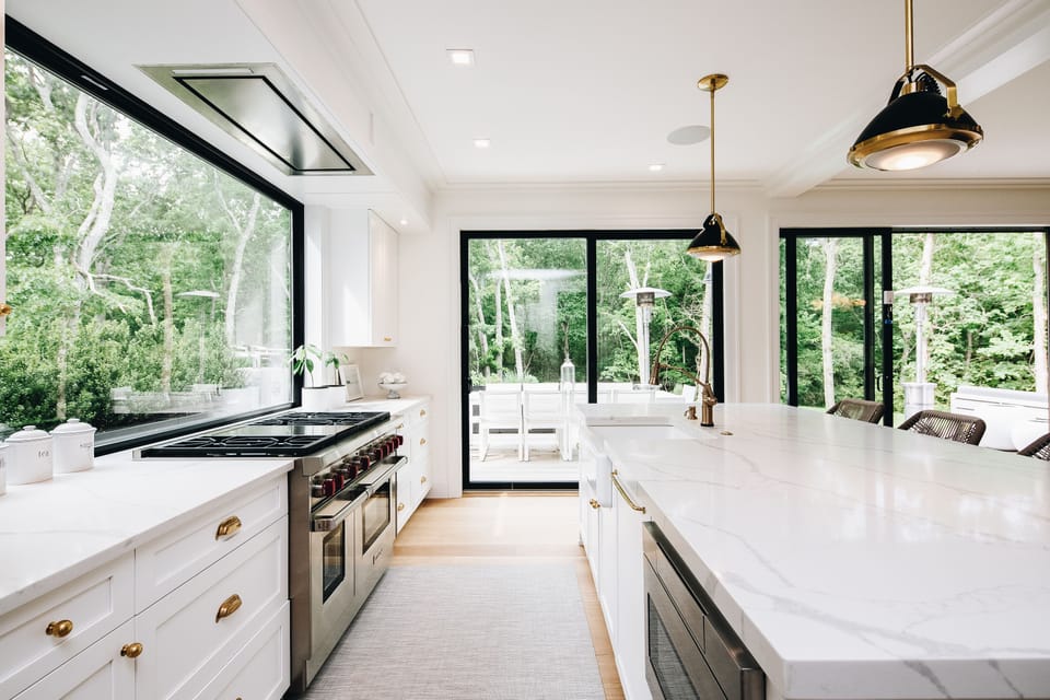 Chef's kitchen: Subzero refrigerator, Wolf gas stove/oven, 2 Miele dishwashers. 