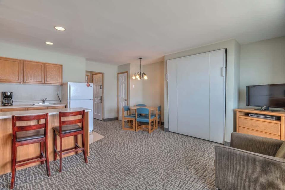 There's a drop-down Murphy bed that sleeps two and folds up for extra space during the day