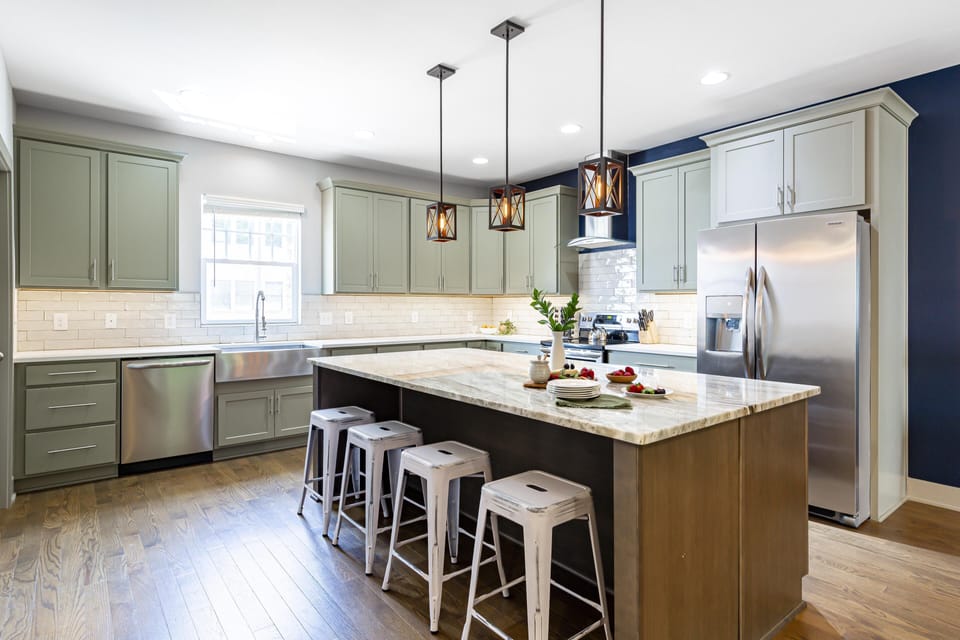 Open kitchen with lots of counter and storage space.