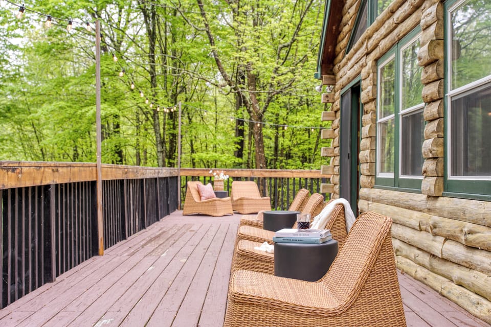 Spacious deck and peaceful forest views.