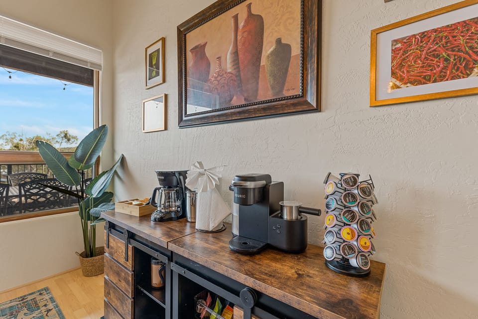 Our ever-popular coffee station lets you make your favorite morning beverage.
