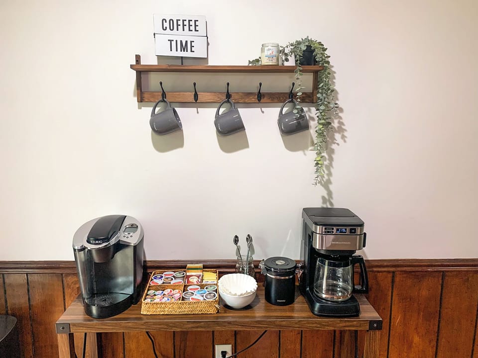 Fully stocked coffee bar featuring coffee & tea necessities