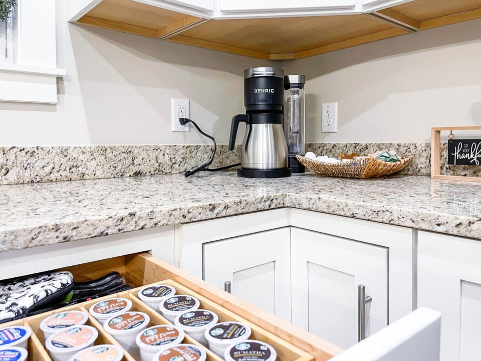 Keurig with Kcup + carafe for groups. French press + electric kettle 