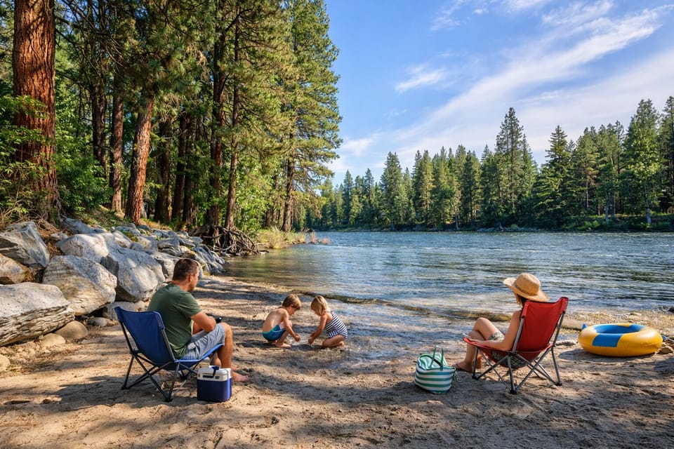 Peaceful riverside access in the area by towering pines. Perfect for family relaxation and outdoor adventures.