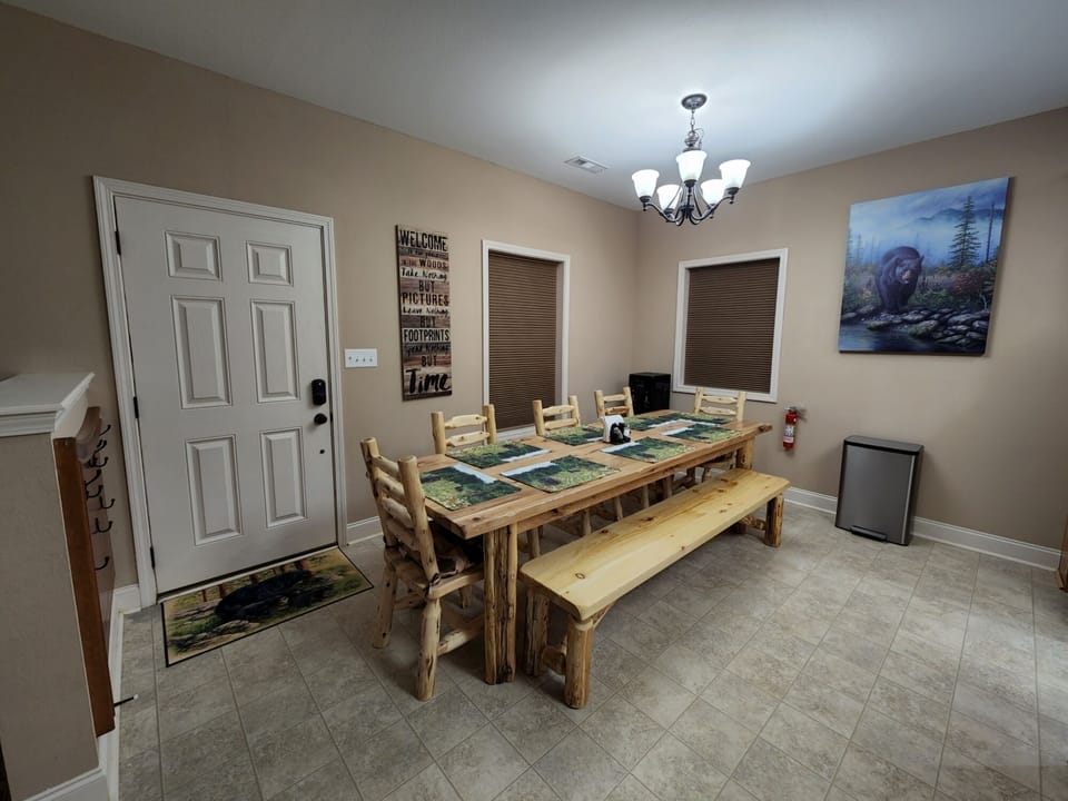 Custom wood nine-foot hickory dining table, with seating for up to nine guests