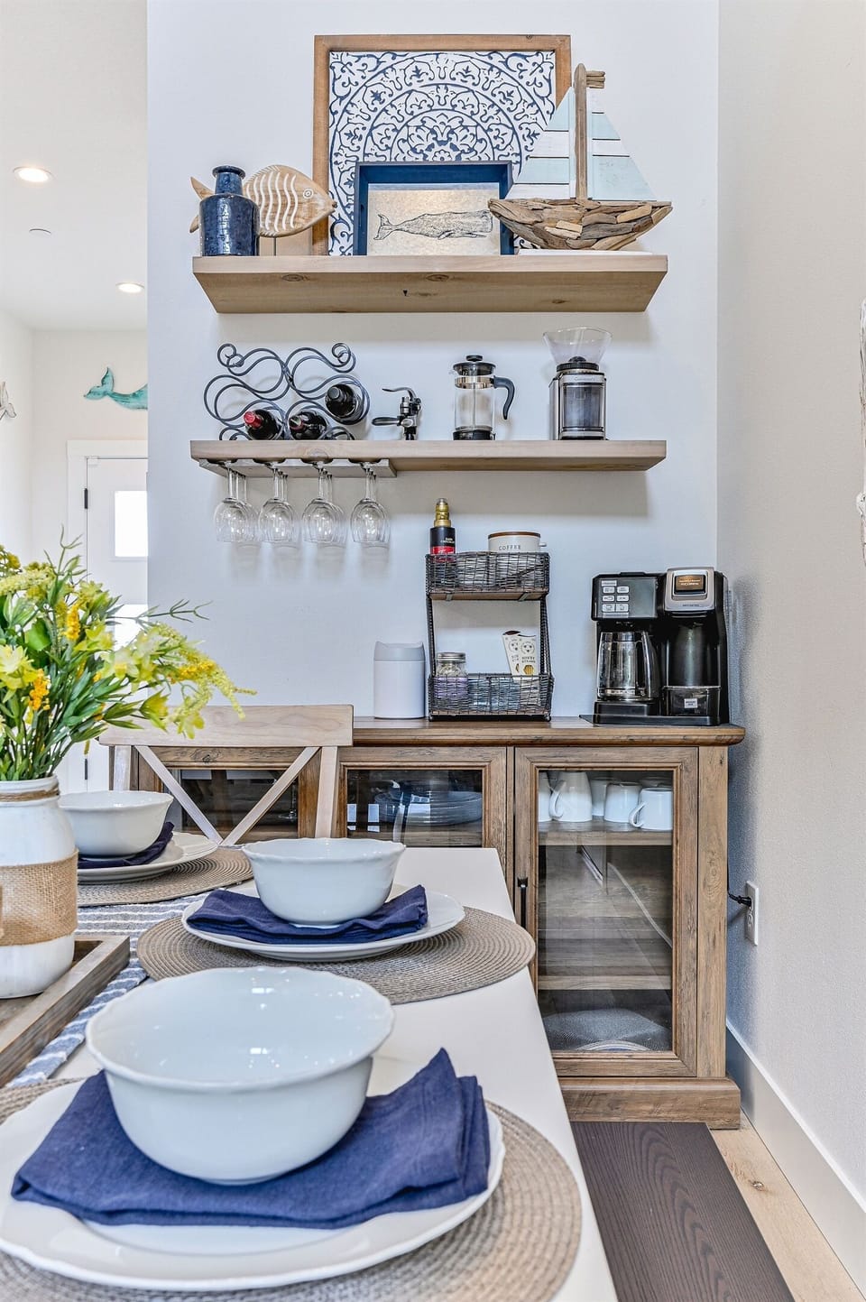 Coffee Bar with dual K Cup/Drip Coffee coffee maker, coffee grinder, and french press. 