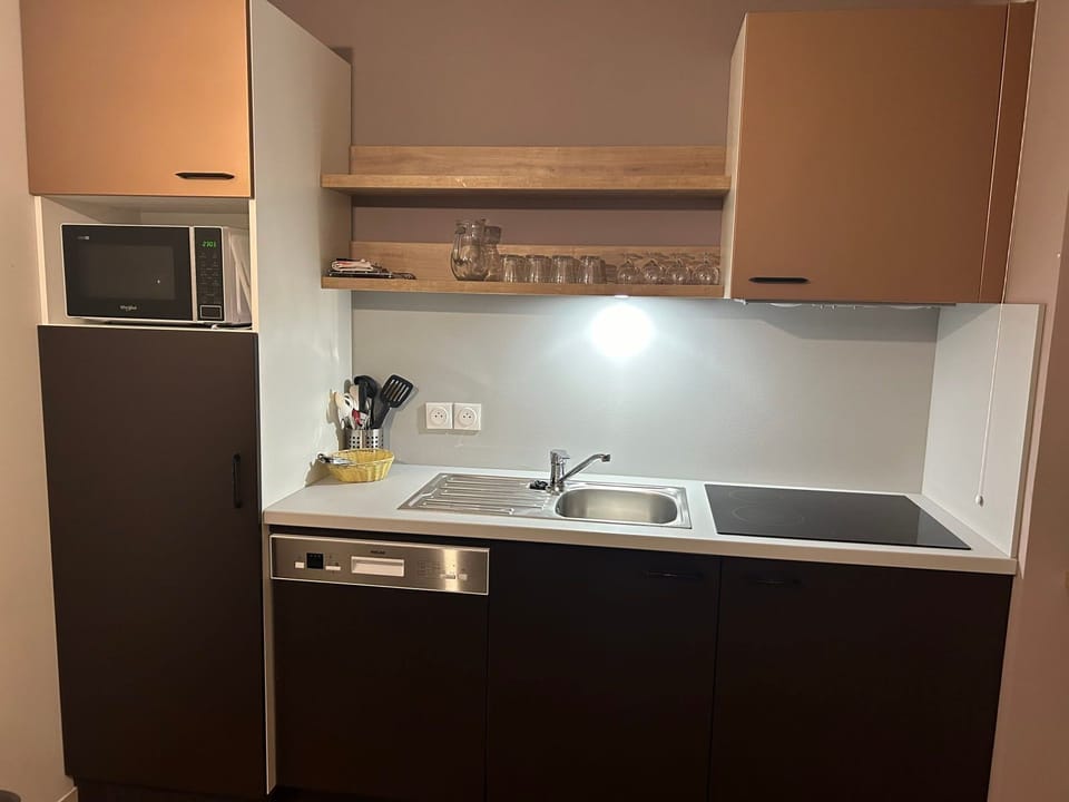 Fridge, electric hob, oven, and dishwasher in the kitchenette — fully set up for a self-catered stay