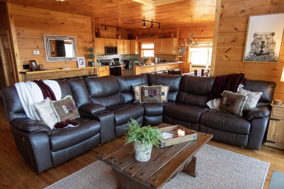 This cabin offers an open floor plan on the main level.