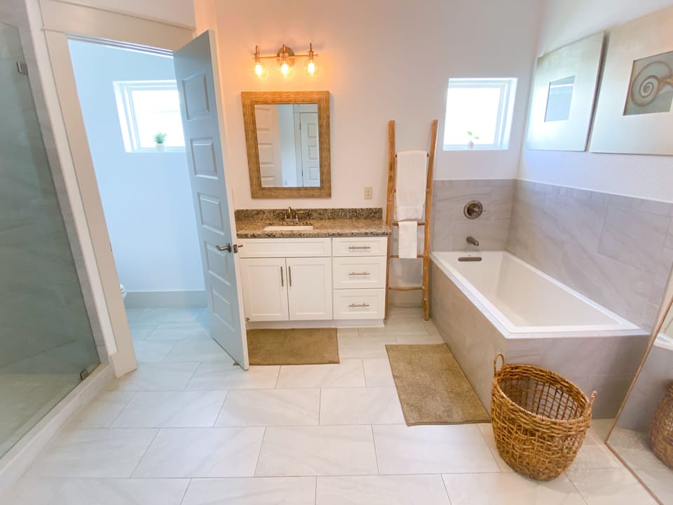 Master bath with huge shower and soaking tub