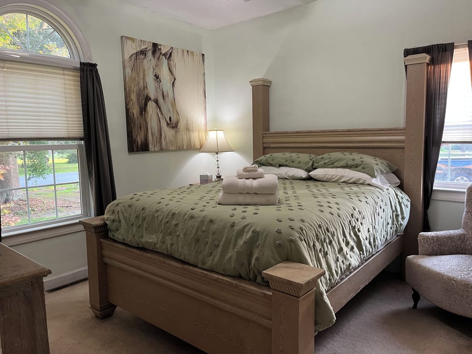 Downstairs bedroom with queen bed  tv