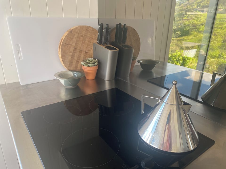 Four element stove, integrated hood above