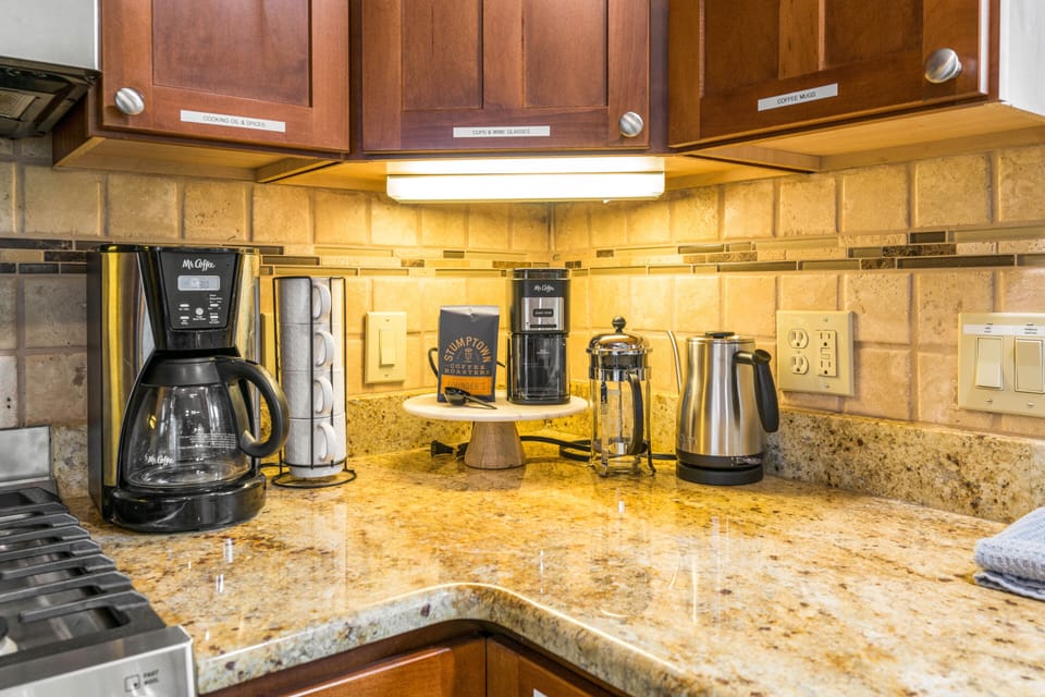 Coffee corner: drip or french press coffee options w. electric kettle &  grinder
