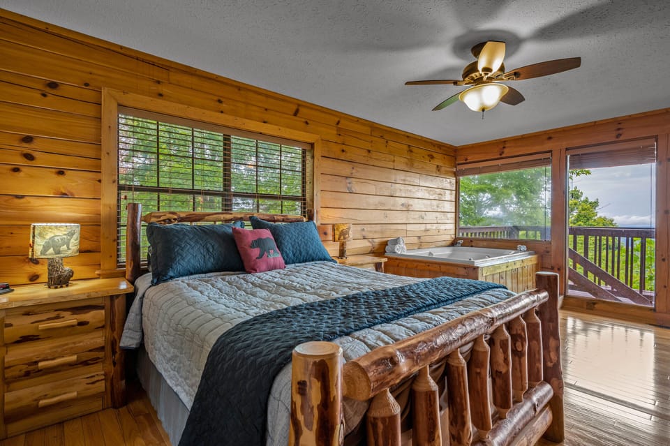 A queen-sized bed with ensuite bath and jetted tub. Flat screen tv too!