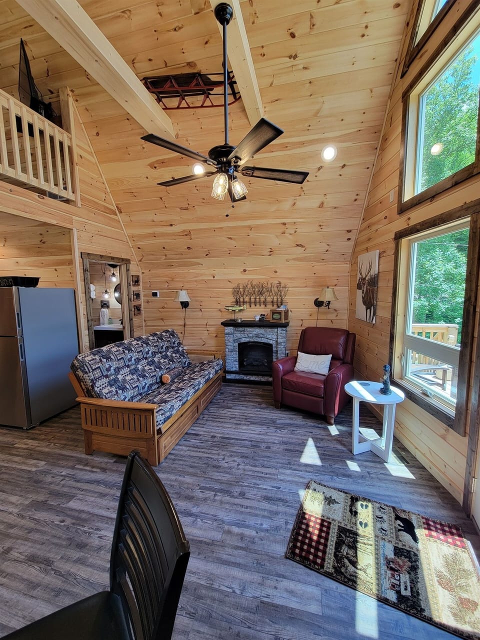 Futon, recliner and electric fireplace