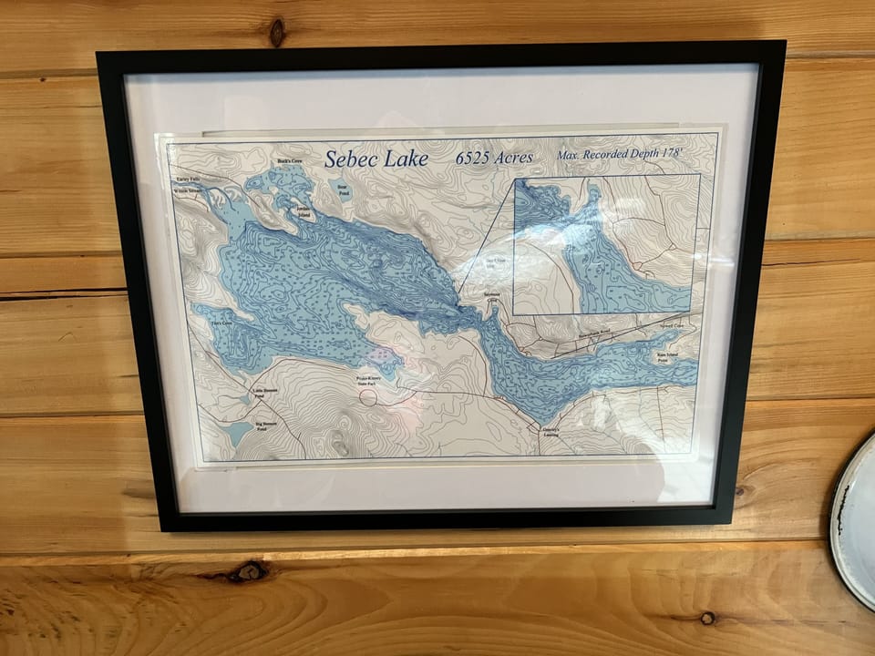Sebec Lake map with water depth chart.
