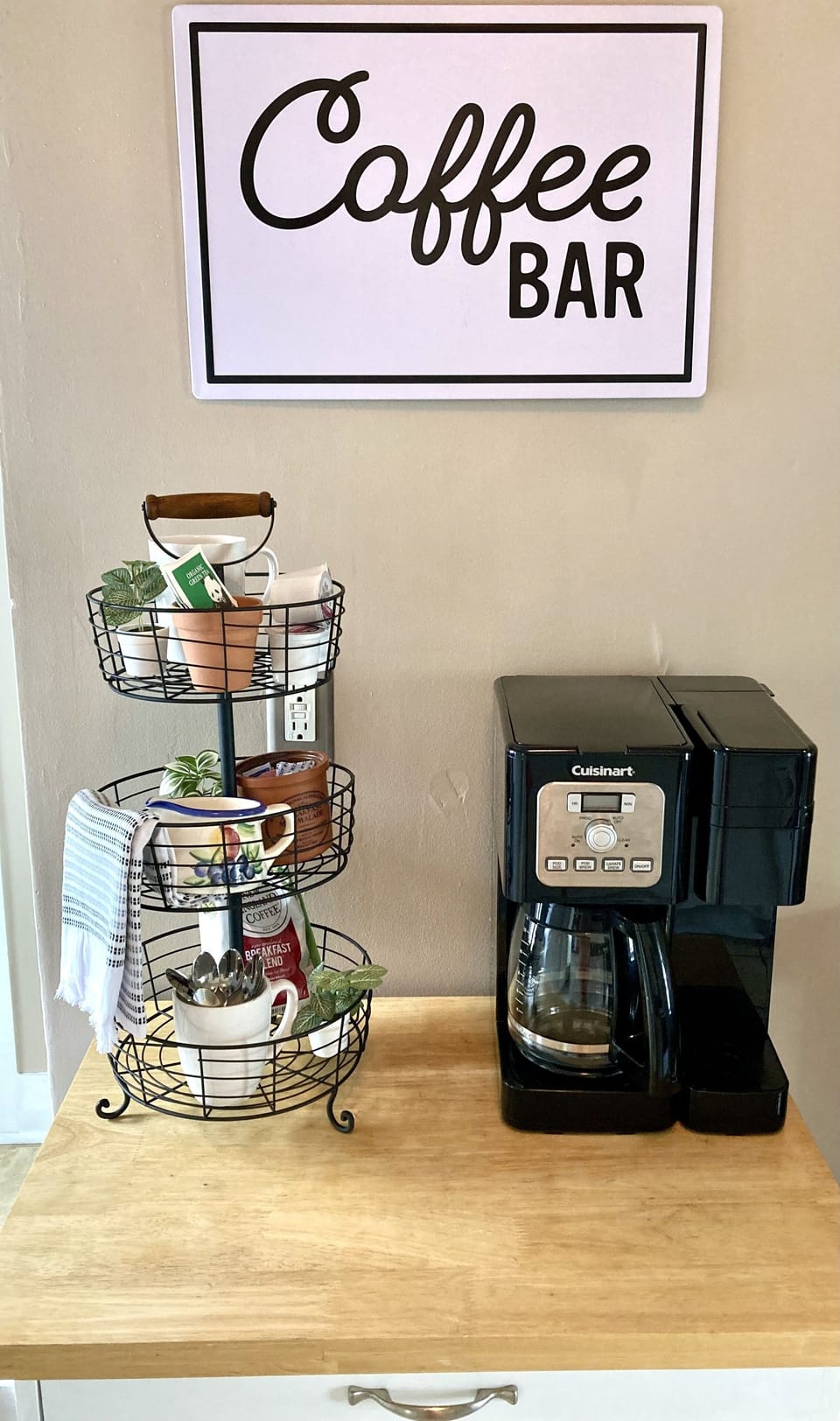 Coffee bar. Pod, drip, French press. Stocked with coffee, tea, sugar and cream. 