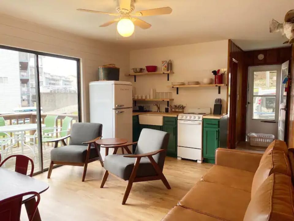 The living/dining/kitchen area is small but oh so cozy!