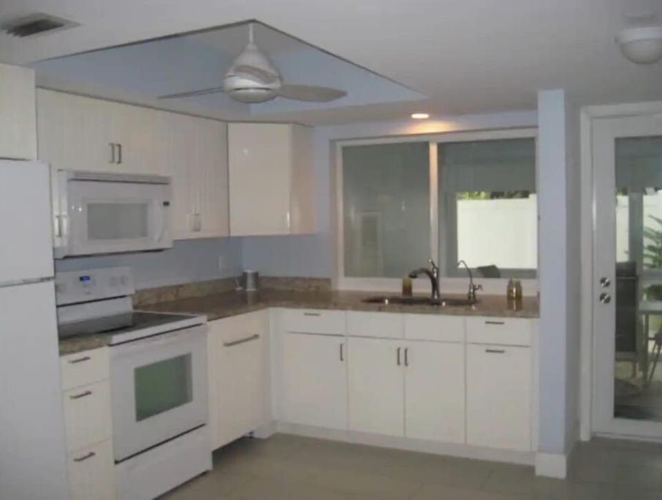 Fully equipped Kitchen, with pots/pans, essential cooking utensils, basic spices