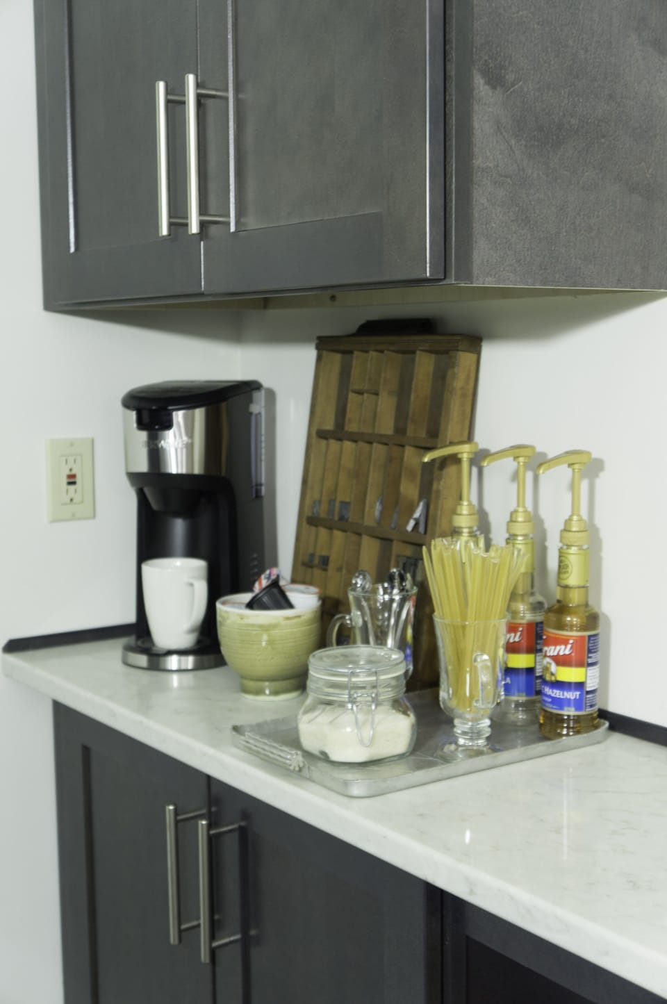 Fully stocked coffee/tea bar.