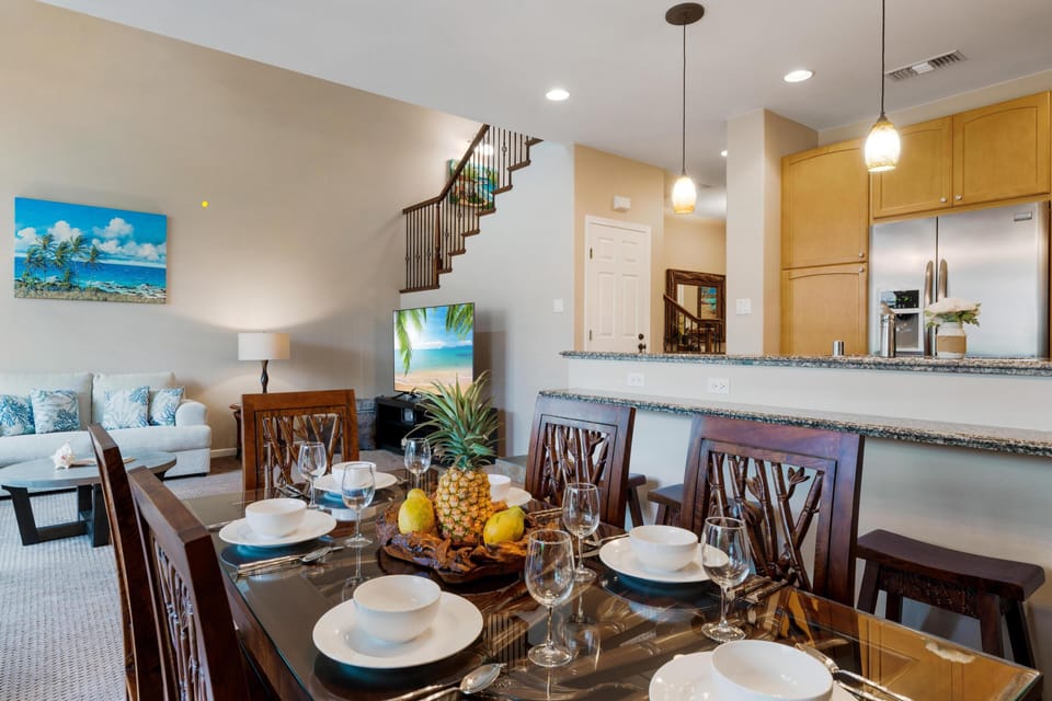 Open layout connects to the kitchen and living area.