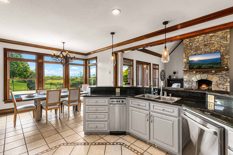 The open concept makes group meals easy and fun. What's better than eating with the Blue Ridge Mountains as your view?