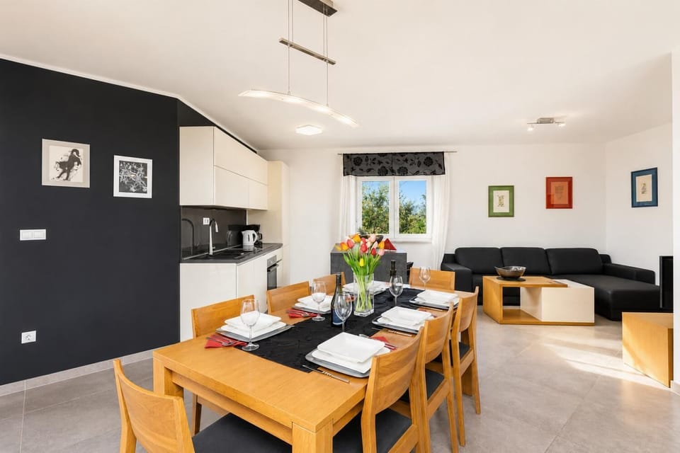 Open-plan living room with sofa, dining area, kitchen, A/C, WiFi internet, and satellite TV