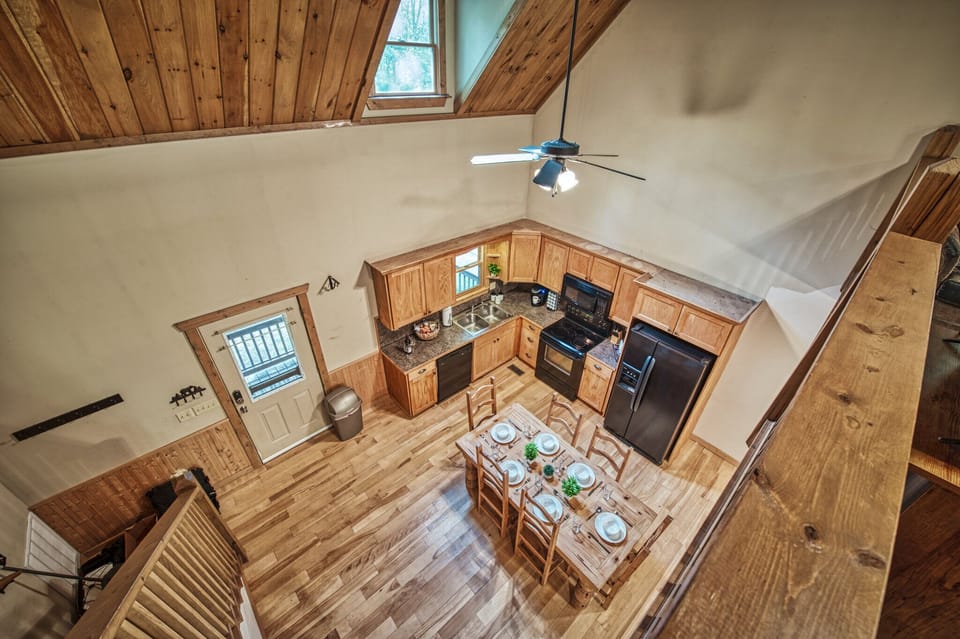 View of the kitchen and dining from the upstairs loft. 