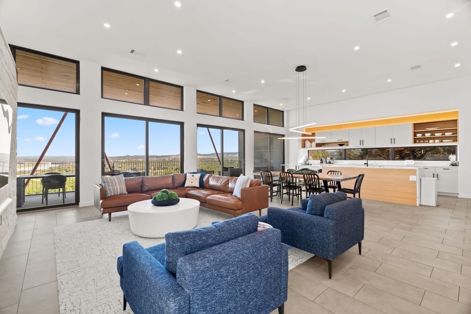 Living, Dining and Kitchen with views of the lake