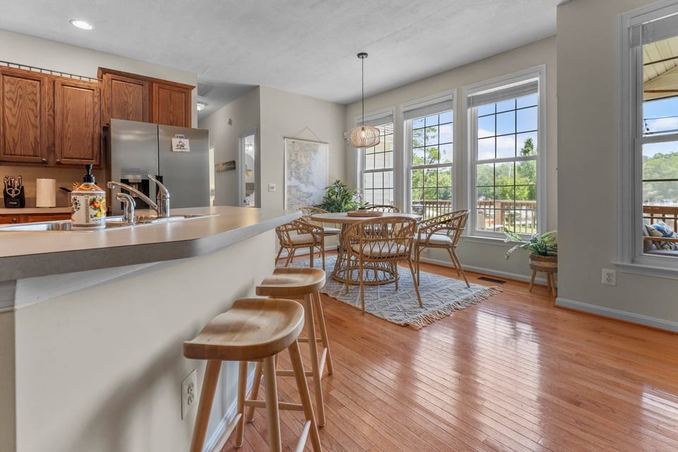 Open kitchen area with bar seating