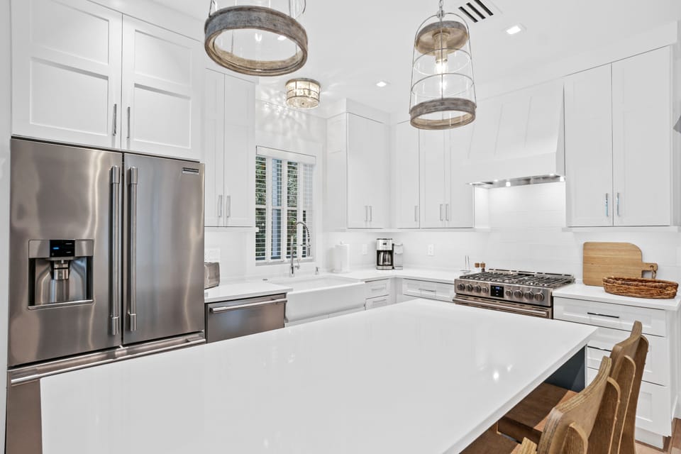 Gas range and fully stocked kitchen 
