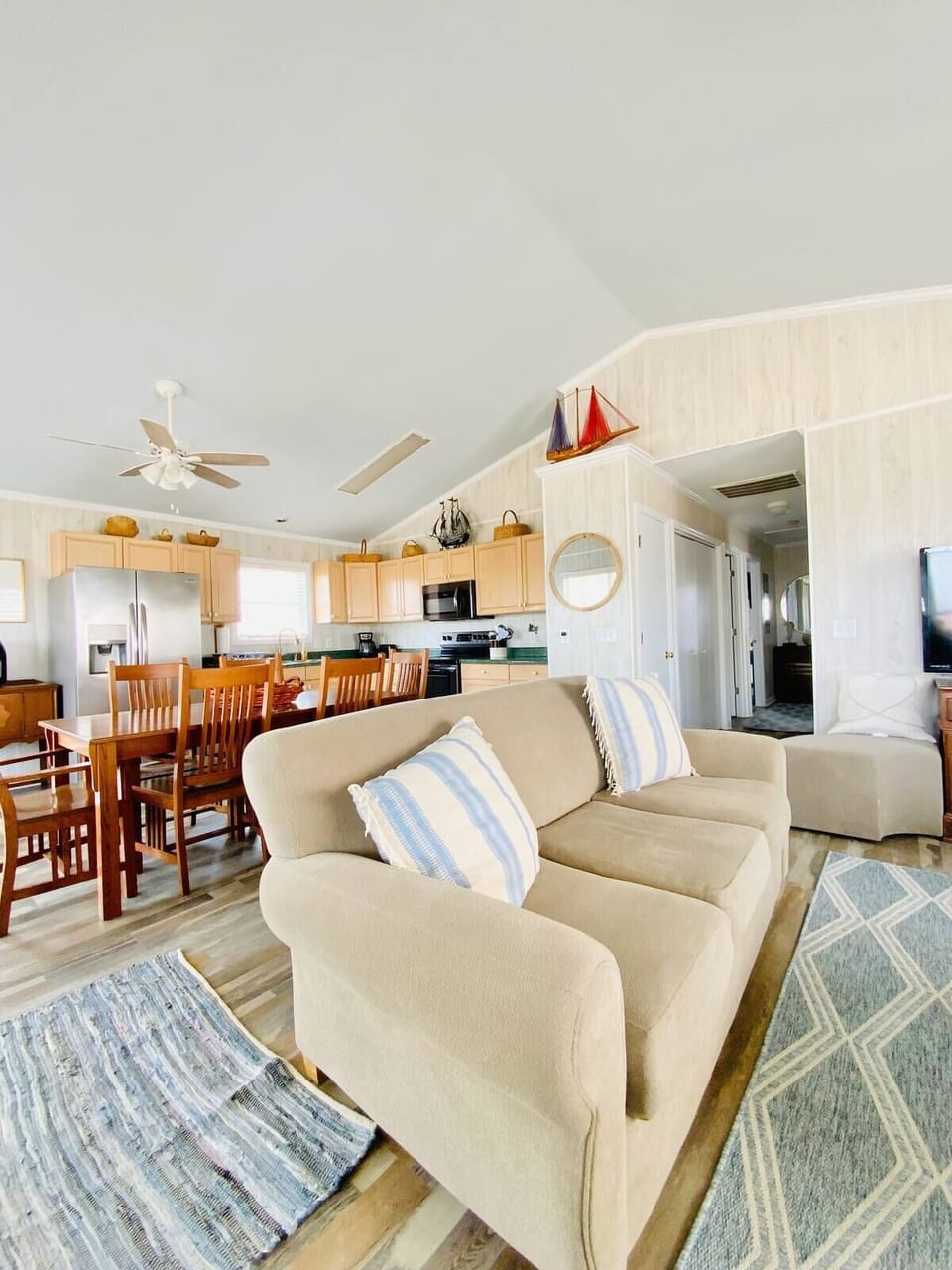 The living area has peek-a-boo views of the ocean. 