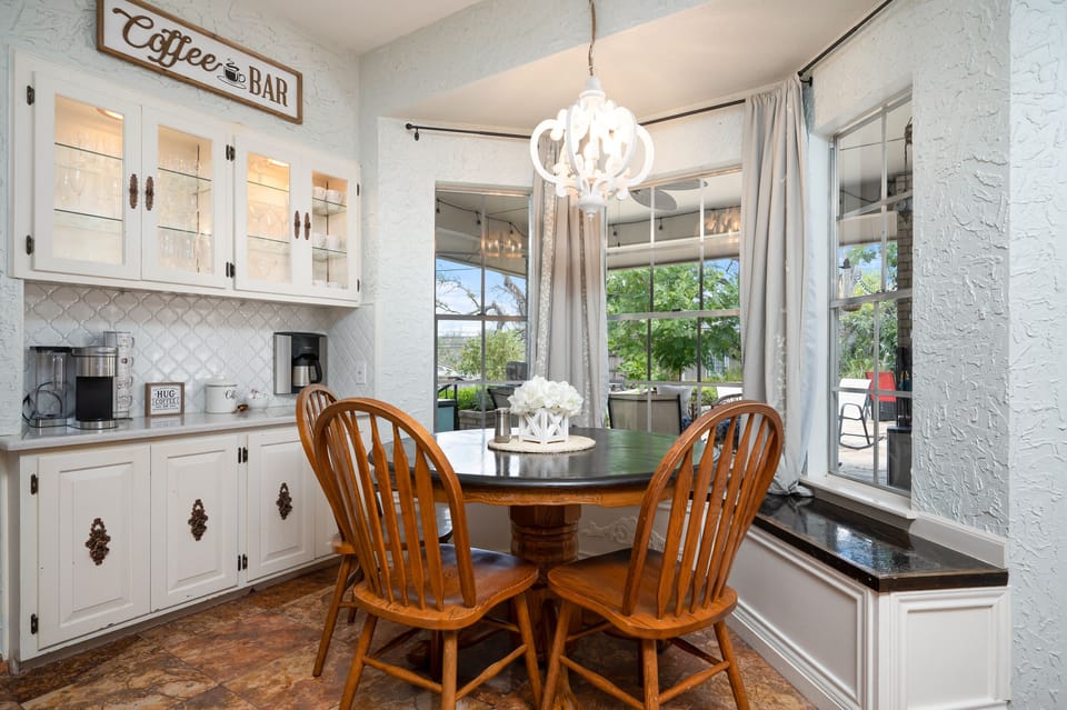 Breakfast Nook and Coffee Bar! We offer Organic Whole Beans, a coffee grinder and a coffee pot with direct piped in Hot water!  We also have pre-ground coffee and a Keurig Machine. 