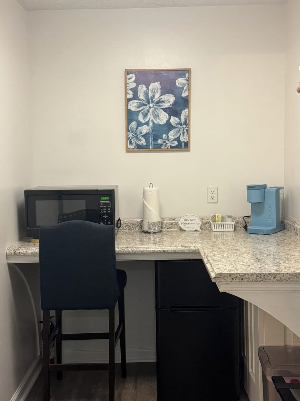 In room microwave, Keurig coffee maker, mini-fridge. (In walk-in closet)