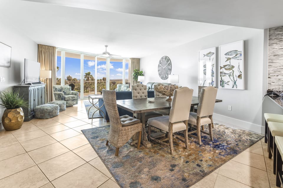 The dining area is open to the living room and wet bar-perfect for entertaining
