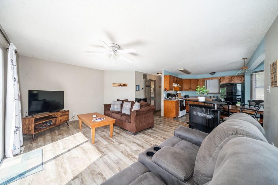 The living room and kitchen are open concept