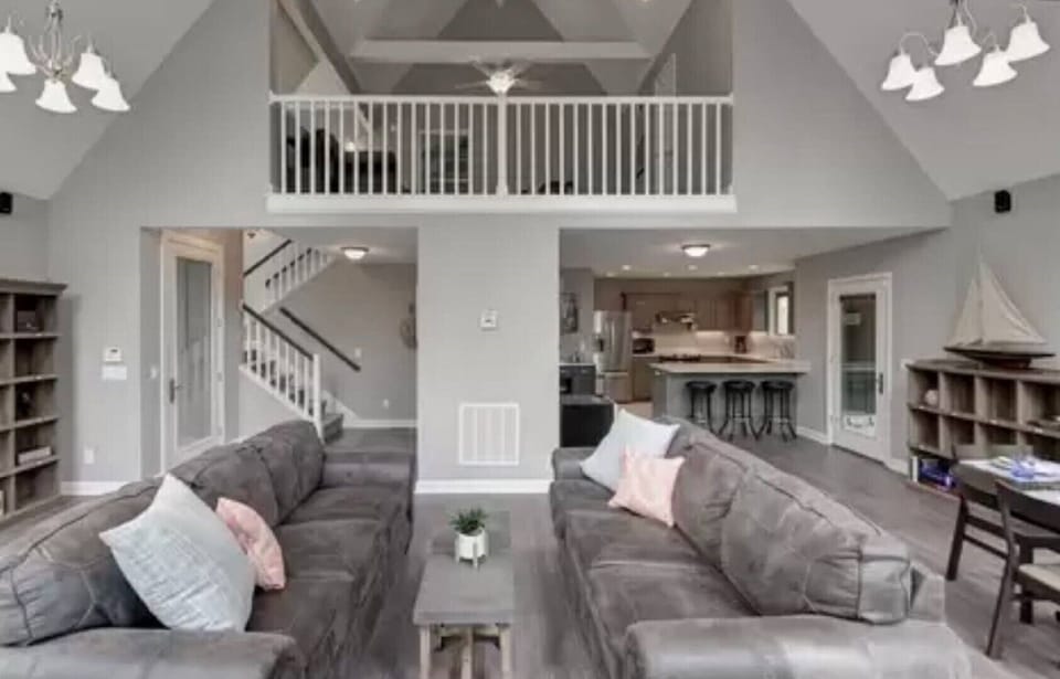 View from the living room of loft and kitchen