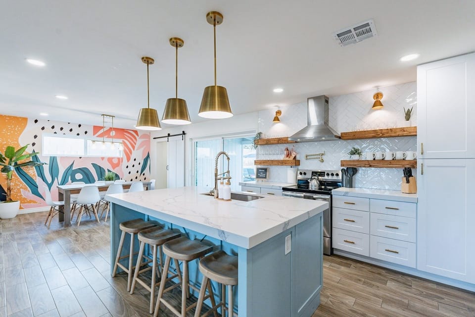 Open-concept kitchen and dining area designed for group meals