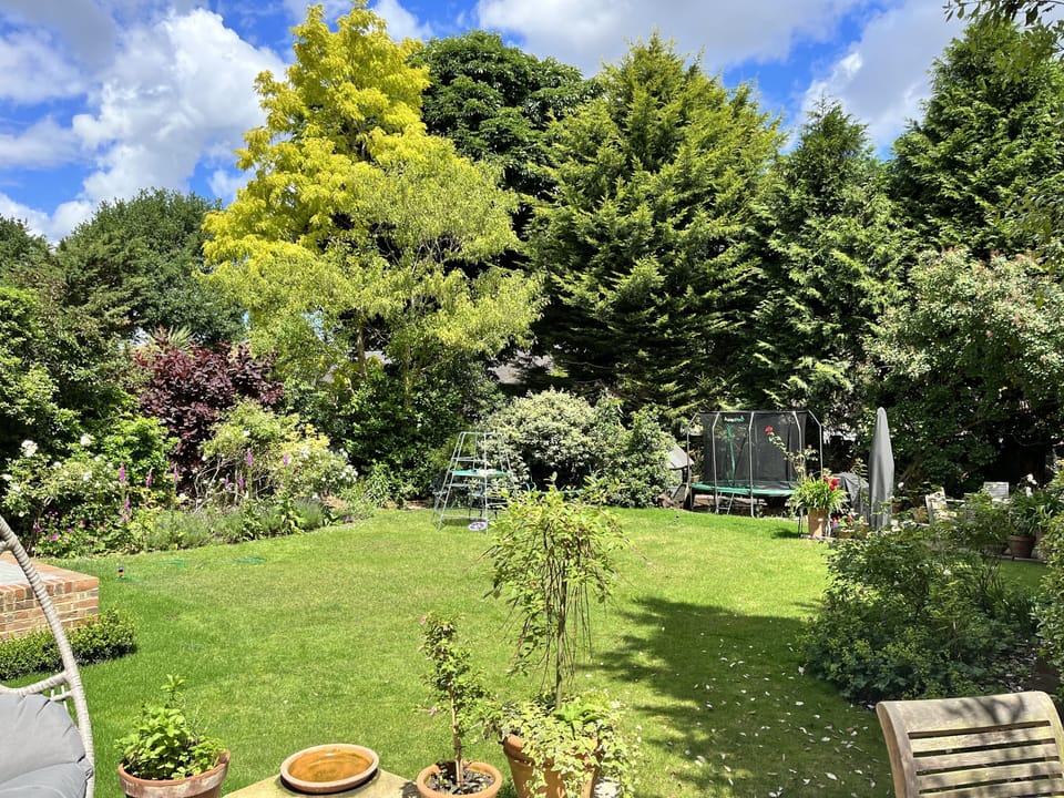 Large garden with trampoline