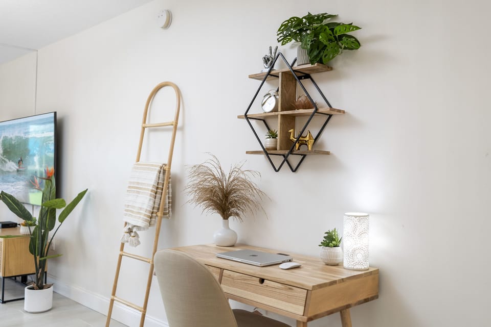 Minimalist and elegant workspace with warm neutral tones
