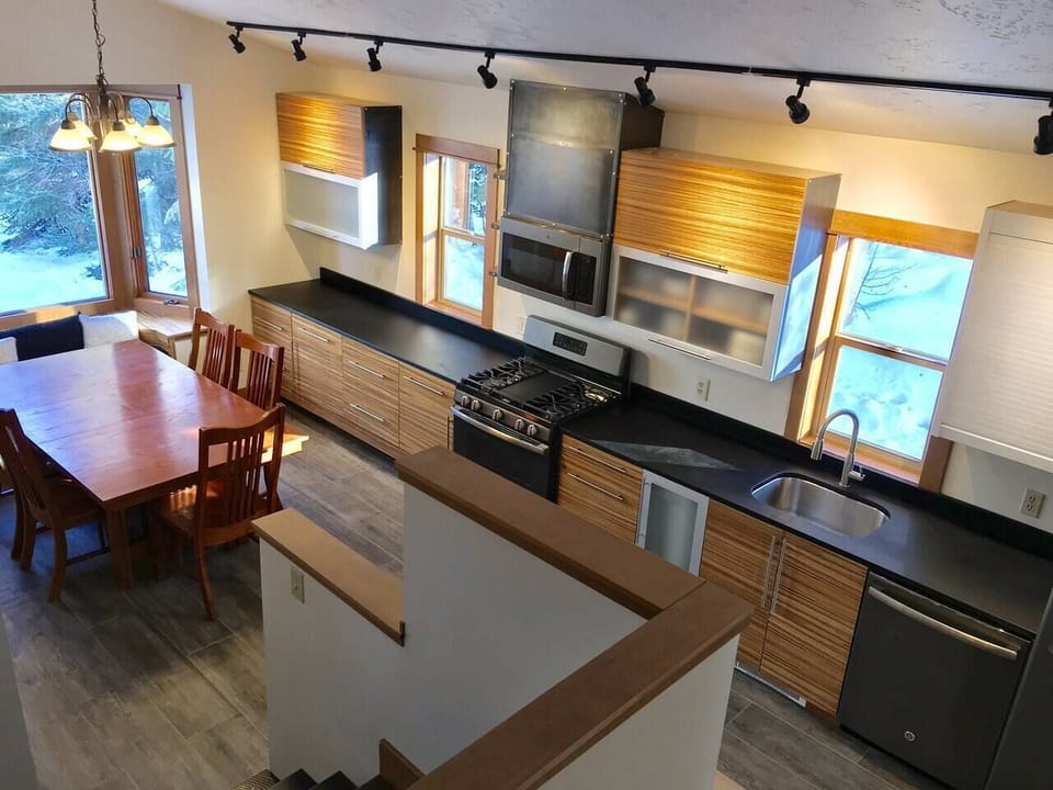 Looking down on Kitchen and Dining Room from upper level