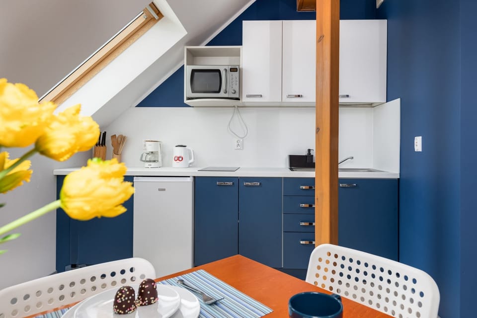 A compact kitchen with a blue and white color scheme, blending style and practicality.
