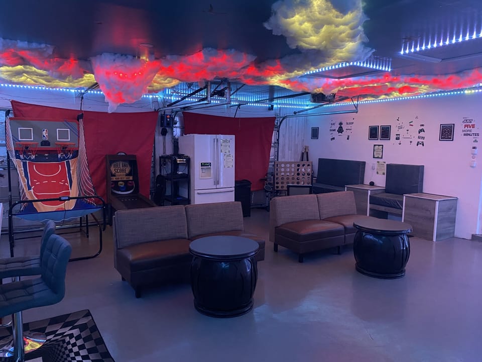 Game room with lighting controlled by Alexa.
