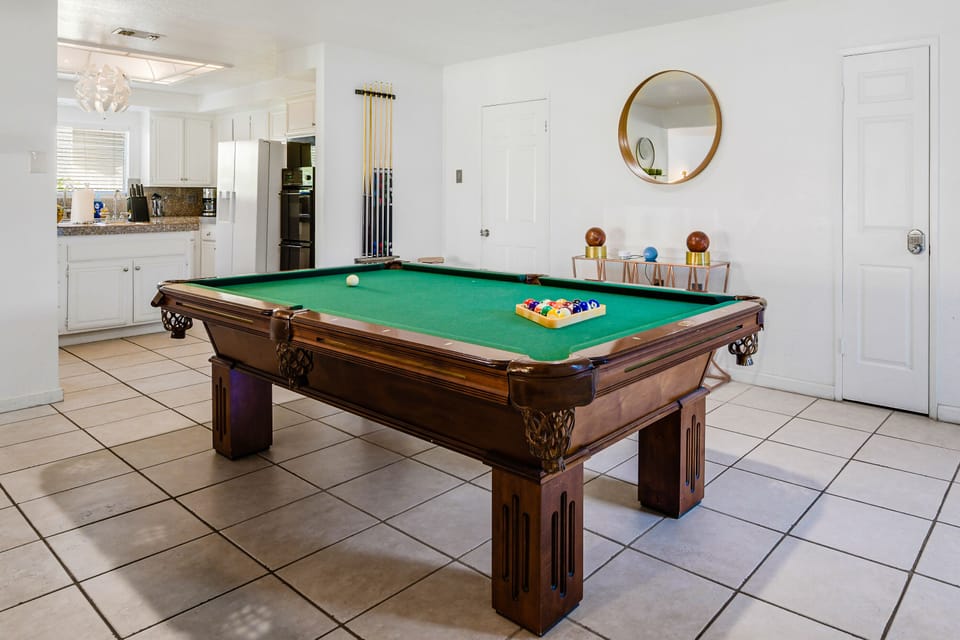 Pool Table, Alexa to Play Music , Entrance to Kitchen