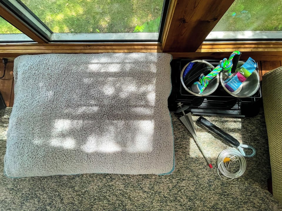 Dog-friendly stay with crate, bed, and bowls provided