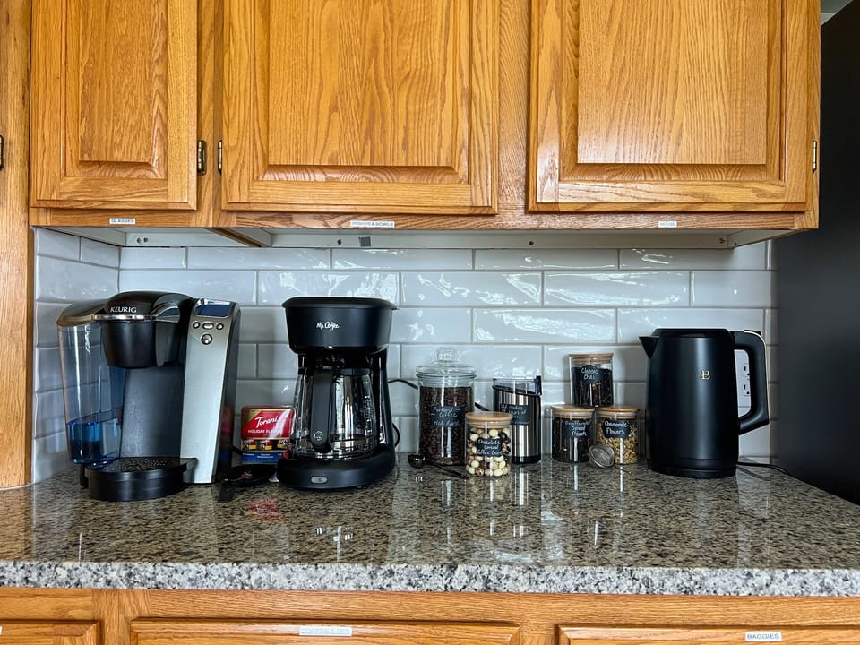 Coffee pods, beans, grinder, choc. beans, creamer, tea leaves, bags, cocoa